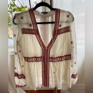 Topshop Cream Blouse with Burgundy Embroidery